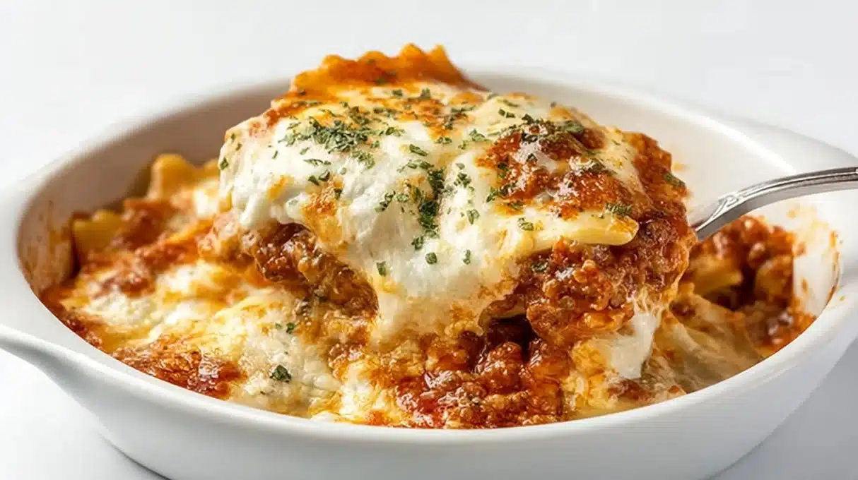 Quick and Easy Million Dollar Ravioli Casserole in a baking dish