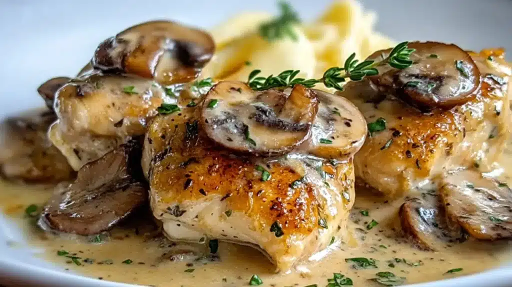 Delicious plate of quick Mushroom Asiago Chicken with creamy sauce and herbs