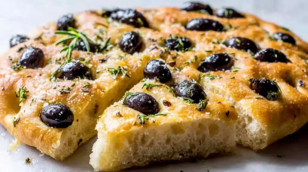 Freshly baked olive focaccia topped with herbs in a rustic setting.